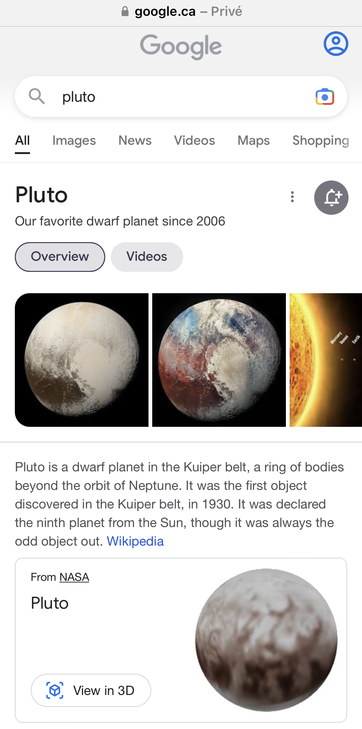 Le Google Easter Egg Pluto sur mobile.