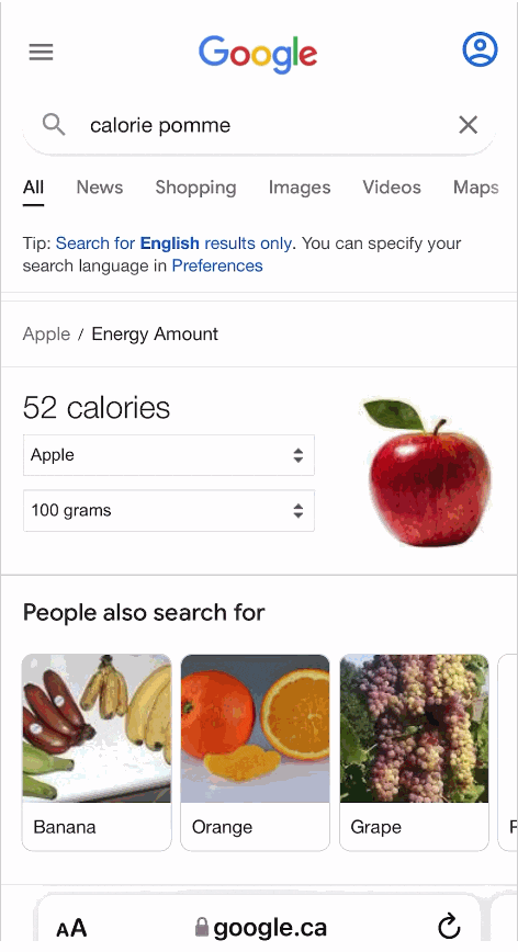 Raccourci Calories sur Google Canada en anglais.
