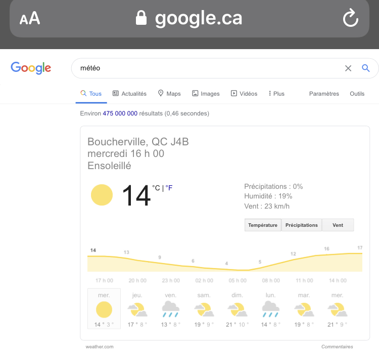 Raccouci [météo] sur Google.