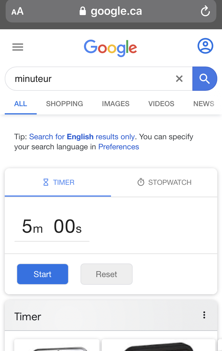 Raccourci Minuteur dans Google.