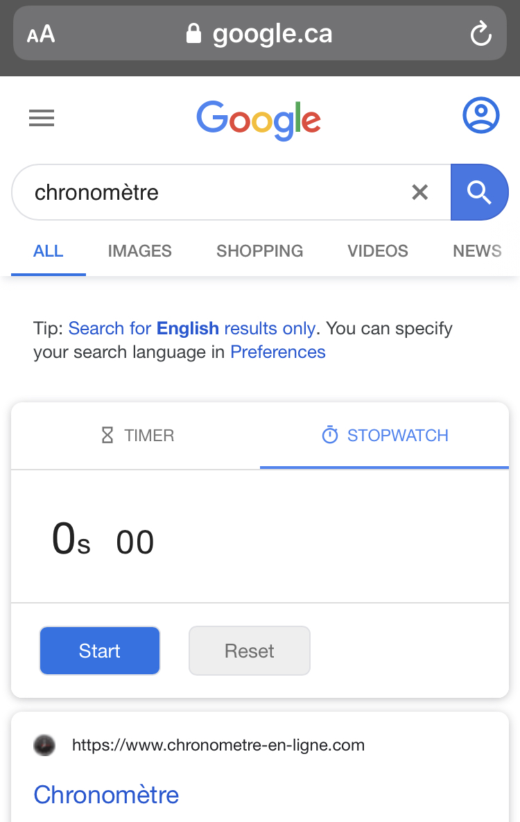 Requête [chronomètre] sur Google Search.